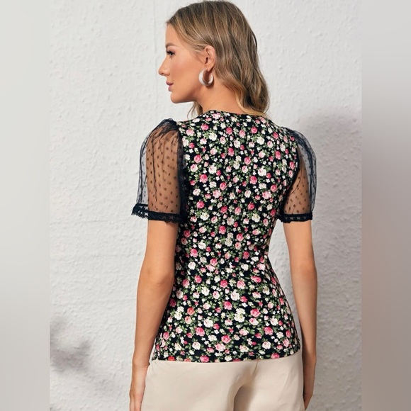 Swiss Dot Mesh Puff Sleeve Floral Top - Picture 2 of 5